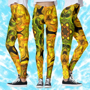 Psychedelic Mandala Flower Green and Yellow Leggings