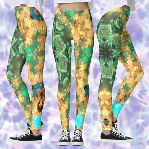 Psychedelic Mandala Flower Green and Yellow Leggings