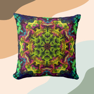 Psychedelic Mandala Flower Green Blue and Purple Cushion
