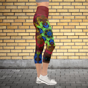 Psychedelic Mandala Flower Green Blue and Red Capri Leggings