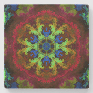 Psychedelic Mandala Flower Green Blue and Red Stone Coaster