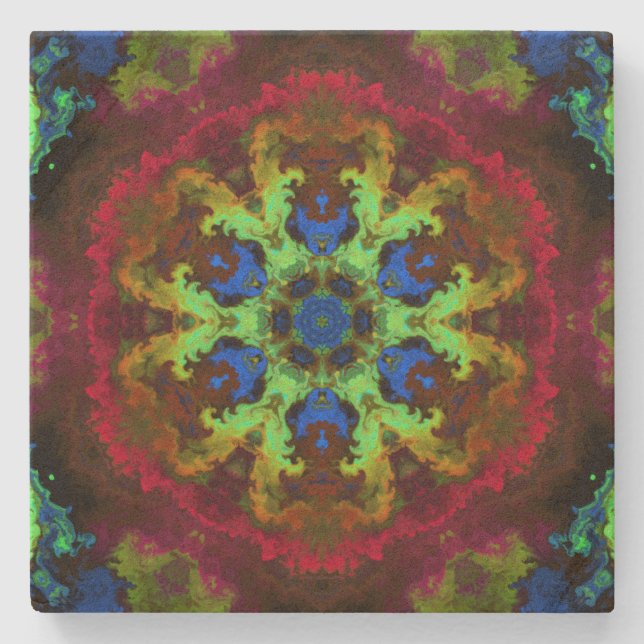 Psychedelic Mandala Flower Green Blue and Red Stone Coaster (Front)