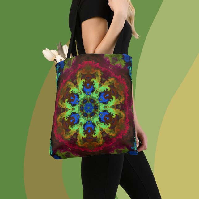Psychedelic Mandala Flower Green Blue and Red Tote Bag (Creator Uploaded)