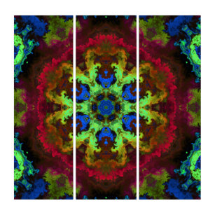 Psychedelic Mandala Flower Green Blue and Red Triptych