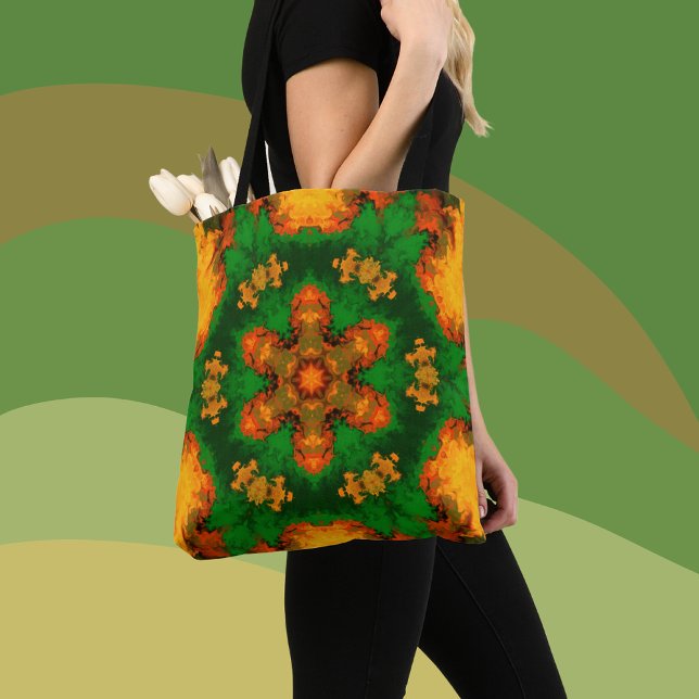 Psychedelic Mandala Flower Green Orange and Yellow Tote Bag (Creator Uploaded)