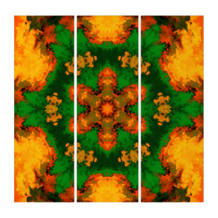 Psychedelic Mandala Flower Green Orange and Yellow Triptych