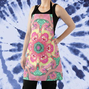 Psychedelic Mandala Flower Green Pink and Yellow Apron