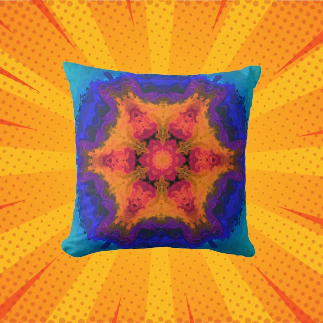Psychedelic Mandala Flower Orange Red and Blue Cushion (Creator Uploaded)