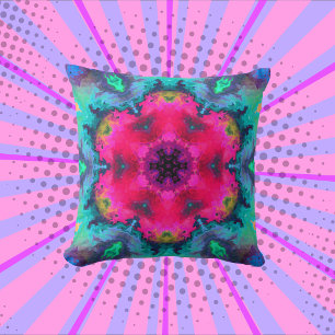 Psychedelic Mandala Flower Pink and Blue Cushion