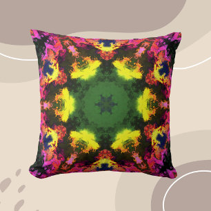 Psychedelic Mandala Flower Pink Yellow and Green Cushion