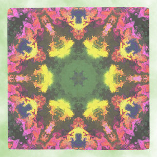 Psychedelic Mandala Flower Pink Yellow and Green Stone Coaster