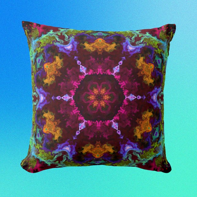 Psychedelic Mandala Flower Purple Orange and Green Cushion (Creator Uploaded)