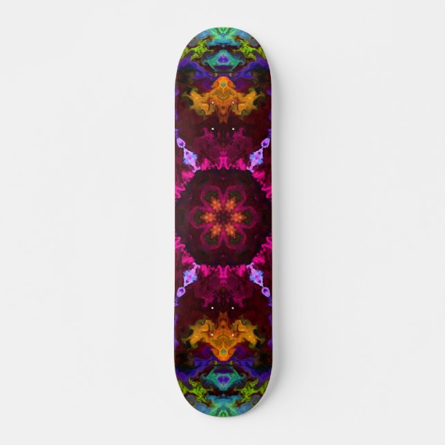 Psychedelic Mandala Flower Purple Orange and Green Skateboard (Front)