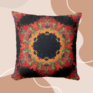 Psychedelic Mandala Flower Red Orange and Green Cushion
