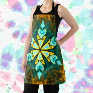 Psychedelic Mandala Flower Teal and Yellow Apron