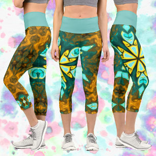 Psychedelic Mandala Flower Teal and Yellow Capri Leggings