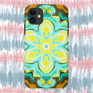 Psychedelic Mandala Flower Teal and Yellow iPhone 11 Case