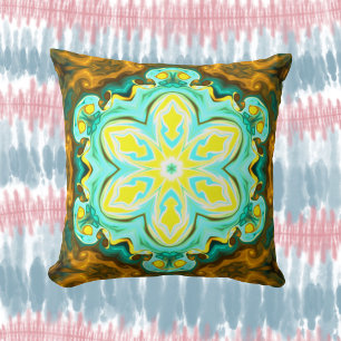 Psychedelic Mandala Flower Teal and Yellow Cushion