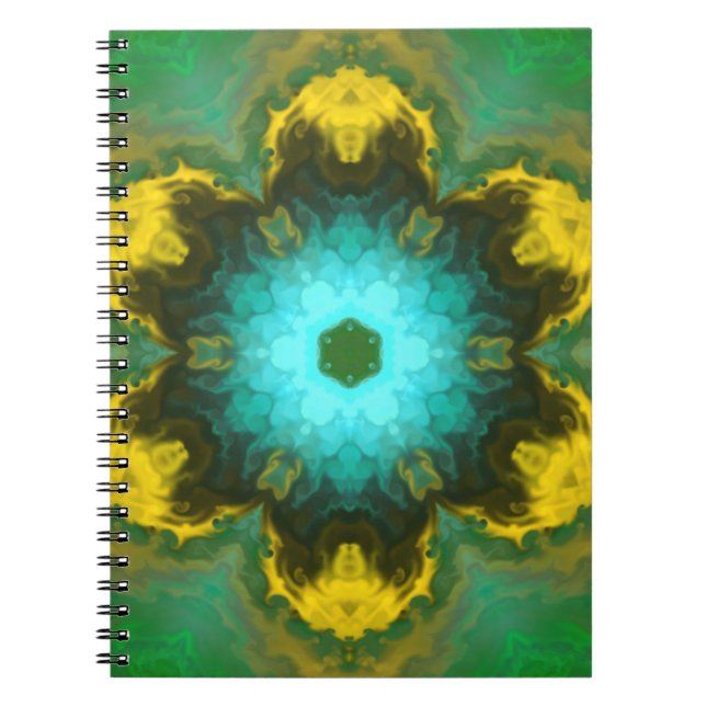 Psychedelic Mandala Flower Teal Yellow and Green Notebook (Front)