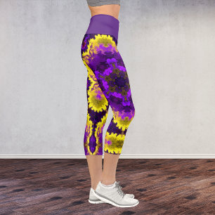 Psychedelic Mandala Flower Yellow and Purple Capri Leggings
