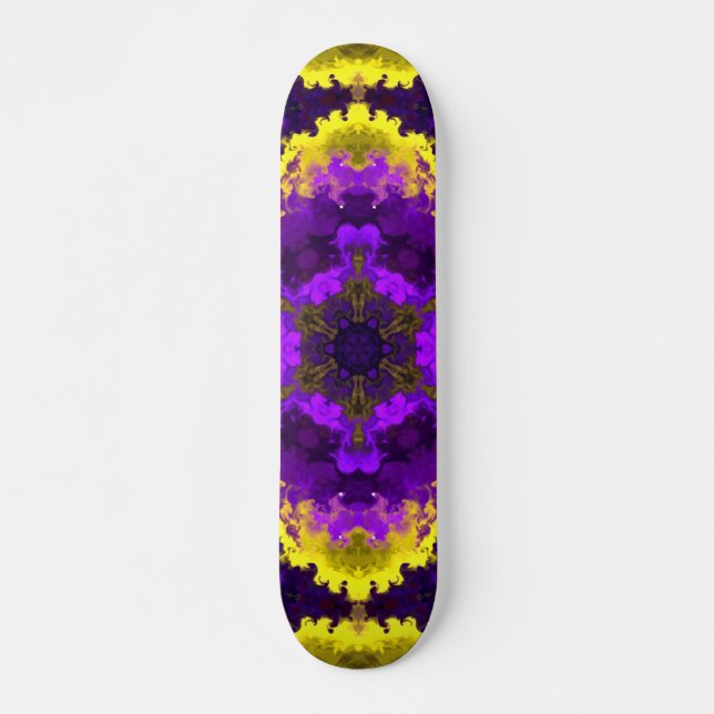 Psychedelic Mandala Flower Yellow and Purple Skateboard (Front)