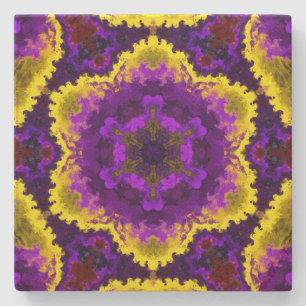 Psychedelic Mandala Flower Yellow and Purple Stone Coaster