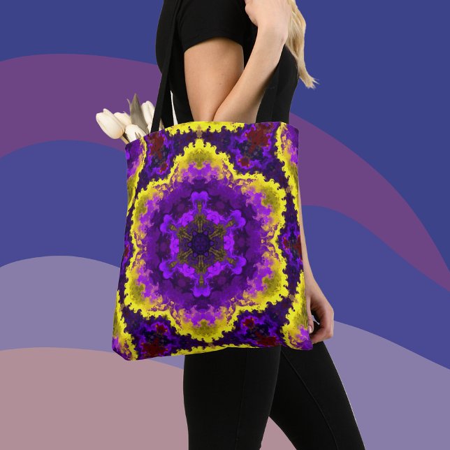 Psychedelic Mandala Flower Yellow and Purple Tote Bag (Creator Uploaded)