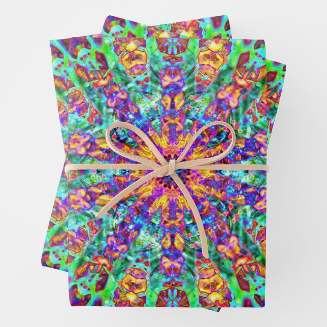 Psychedelic Mandala Trippy Hippie Colour Splash Wrapping Paper Sheet (In situ)