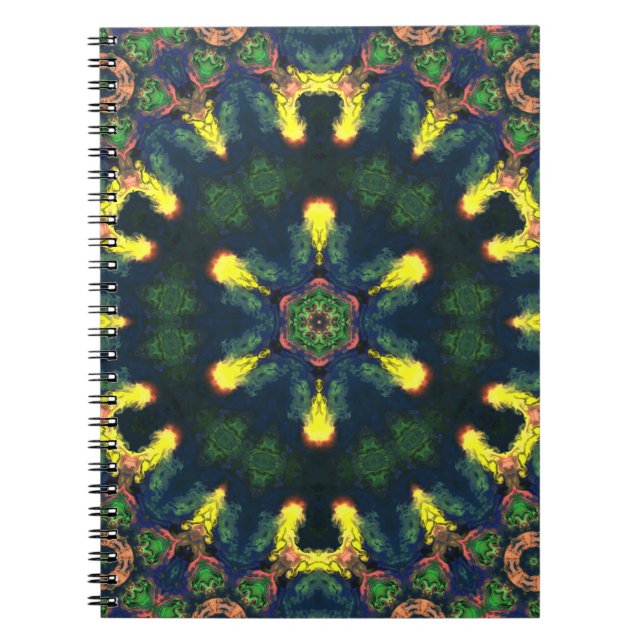 Psychedelic Mandala Yellow Blue and Green Notebook (Front)
