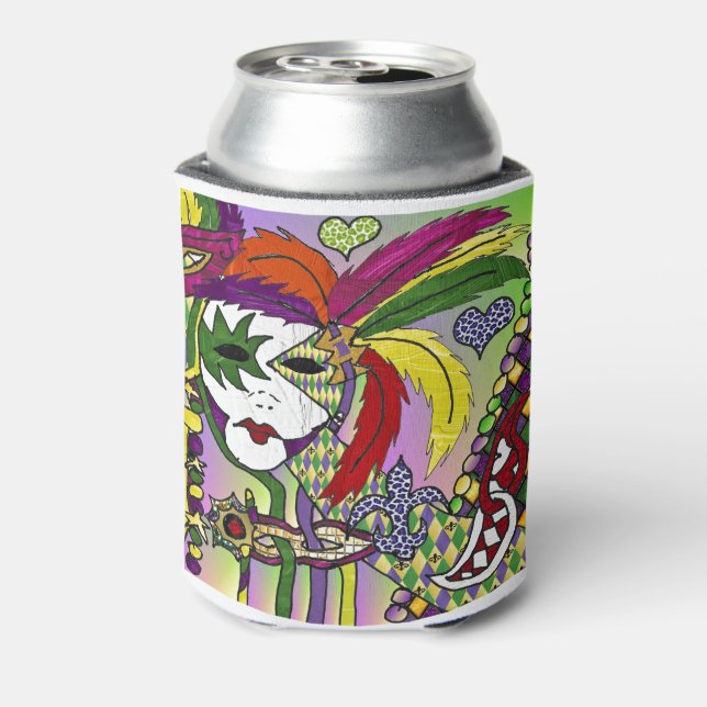 Psychedelic Mardi Gras Feather Mask Can Cooler (Can Back)