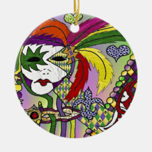 Psychedelic Mardi Gras Feather Mask Ceramic Tree Decoration