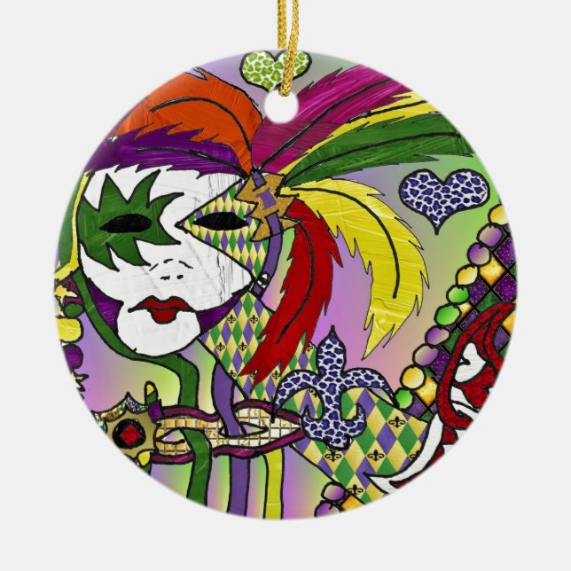 Psychedelic Mardi Gras Feather Mask Ceramic Tree Decoration (Front)