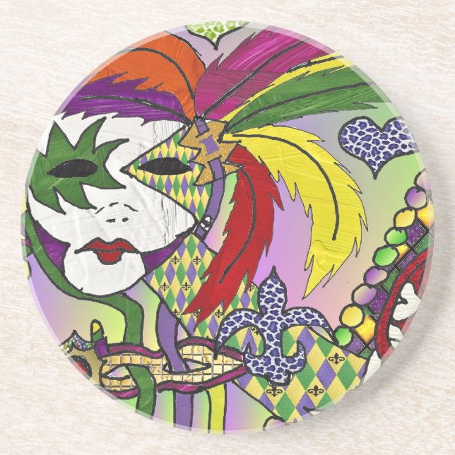 Psychedelic Mardi Gras Feather Mask Coaster (Front)
