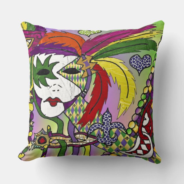 Psychedelic Mardi Gras Feather Mask Cushion (Front)