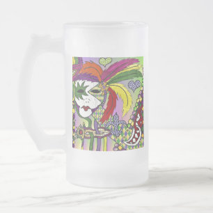 Psychedelic Mardi Gras Feather Mask Frosted Glass Beer Mug