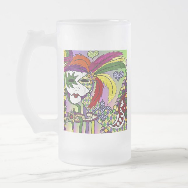 Psychedelic Mardi Gras Feather Mask Frosted Glass Beer Mug (Left)