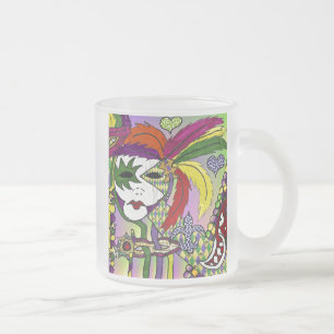 Psychedelic Mardi Gras Feather Mask Frosted Glass Coffee Mug