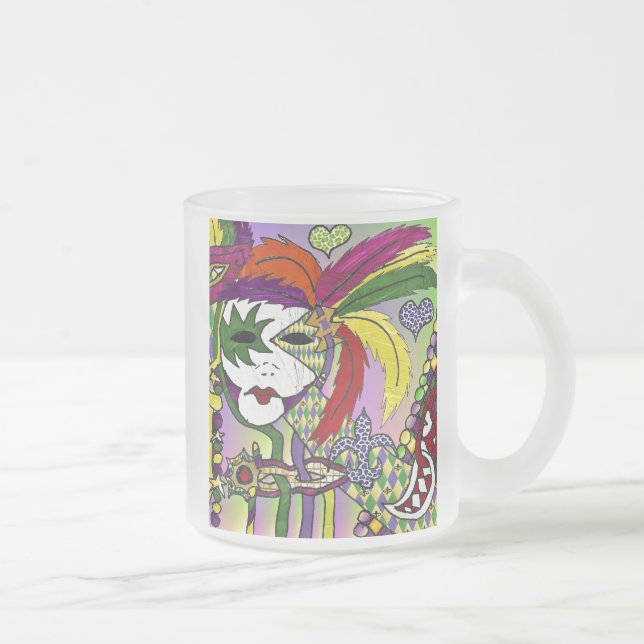 Psychedelic Mardi Gras Feather Mask Frosted Glass Coffee Mug (Right)