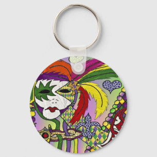 Psychedelic Mardi Gras Feather Mask Key Ring