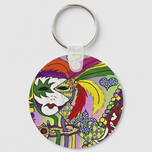 Psychedelic Mardi Gras Feather Mask Key Ring (Front)