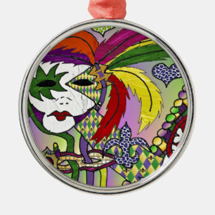 Psychedelic Mardi Gras Feather Mask Metal Tree Decoration