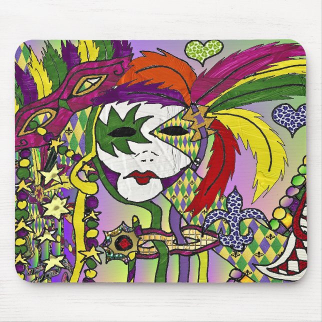 Psychedelic Mardi Gras Feather Mask Mouse Mat (Front)