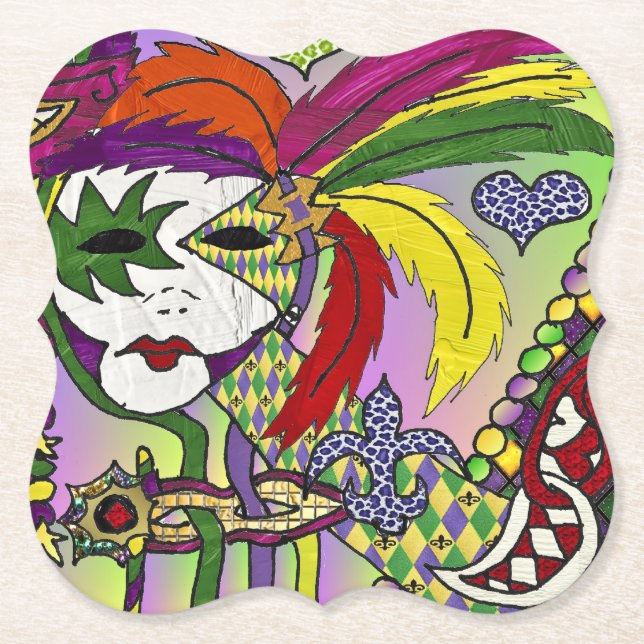 Psychedelic Mardi Gras Feather Mask Paper Coaster (Front)