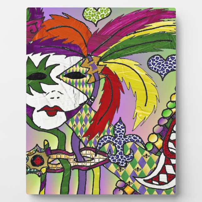 Psychedelic Mardi Gras Feather Mask Plaque (Front)
