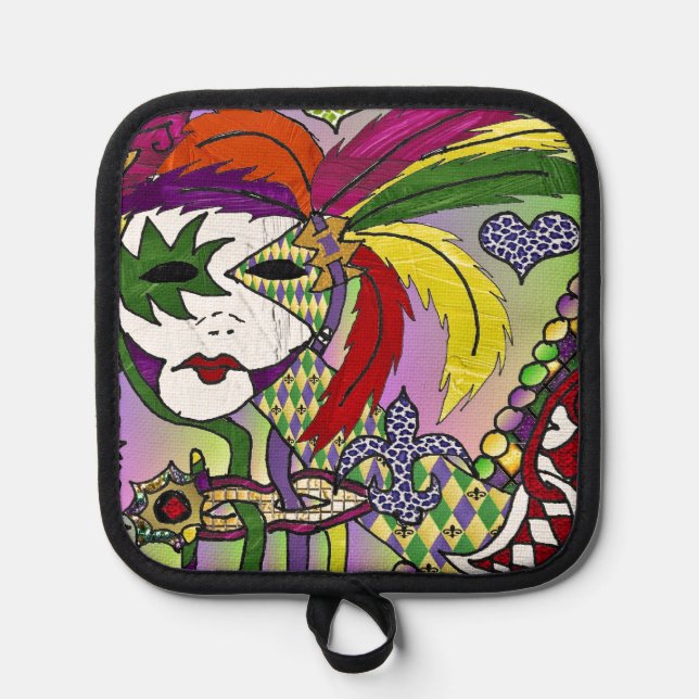 Psychedelic Mardi Gras Feather Mask Pot Holder (Front)