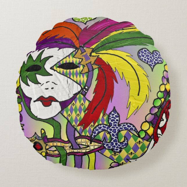 Psychedelic Mardi Gras Feather Mask Round Cushion (Front)