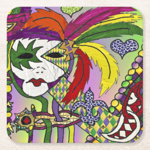 Psychedelic Mardi Gras Feather Mask Square Paper Coaster