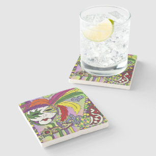 Psychedelic Mardi Gras Feather Mask Stone Coaster