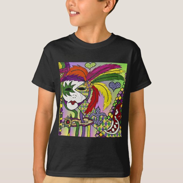 Psychedelic Mardi Gras Feather Mask T-Shirt (Front)