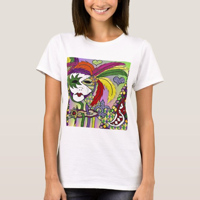 Psychedelic Mardi Gras Feather Mask T-Shirt (Front)